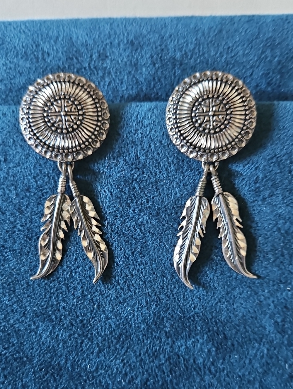 Sterling Silver Southwestern Concho Feather Dangle Earrings